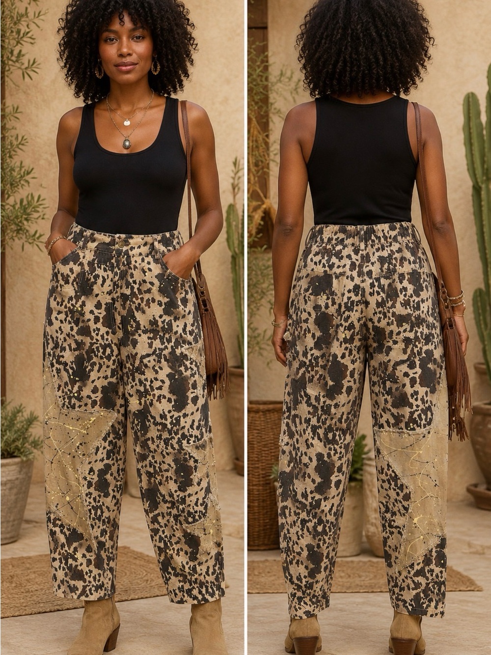 A Rare Bird High-Rise Wide-Leg Cargo Pants in Black & Tan Spray Print